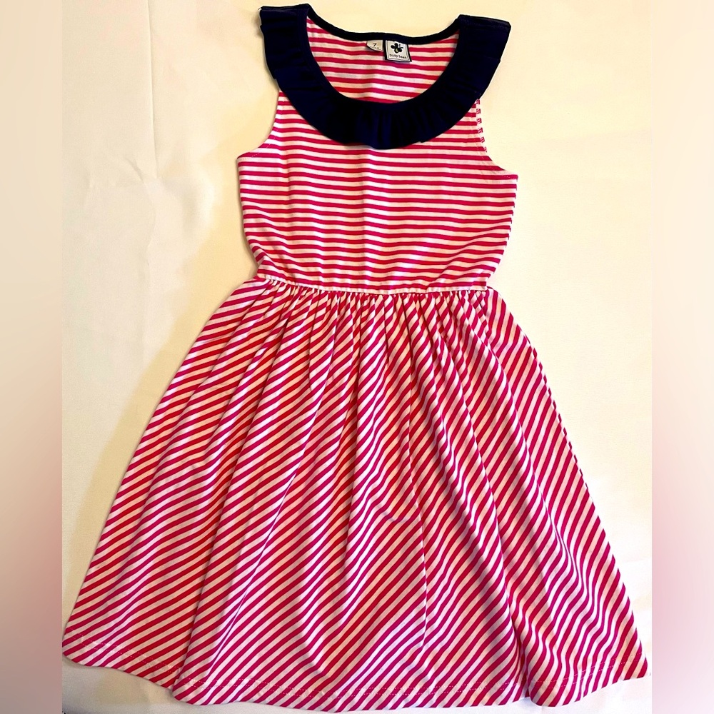 Busy Bees Kids Hot Pink and White Knit Dress with Navy Ruffle Collar